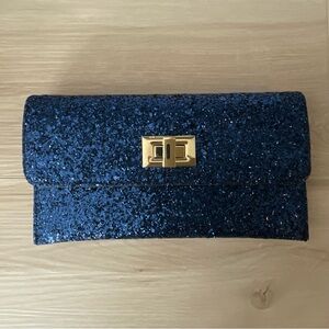 Estee Lauder Navy Blue Glitter Clutch with Gold-Tone Turn Lock